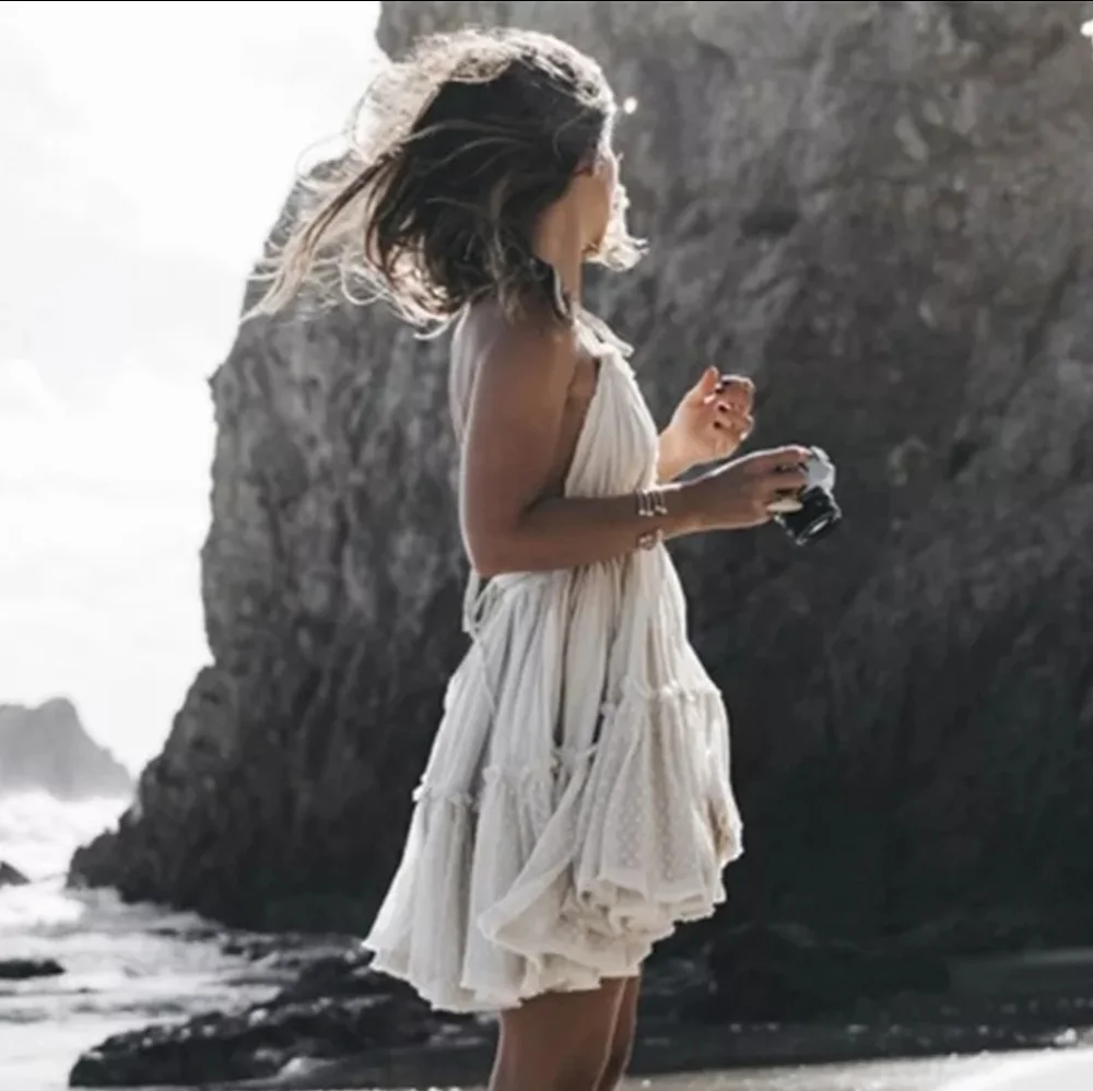 NEW Plunge Halter Dot Ruffle Mini Sundress Summer Off White Cream Ivory - Picture 5 of 12